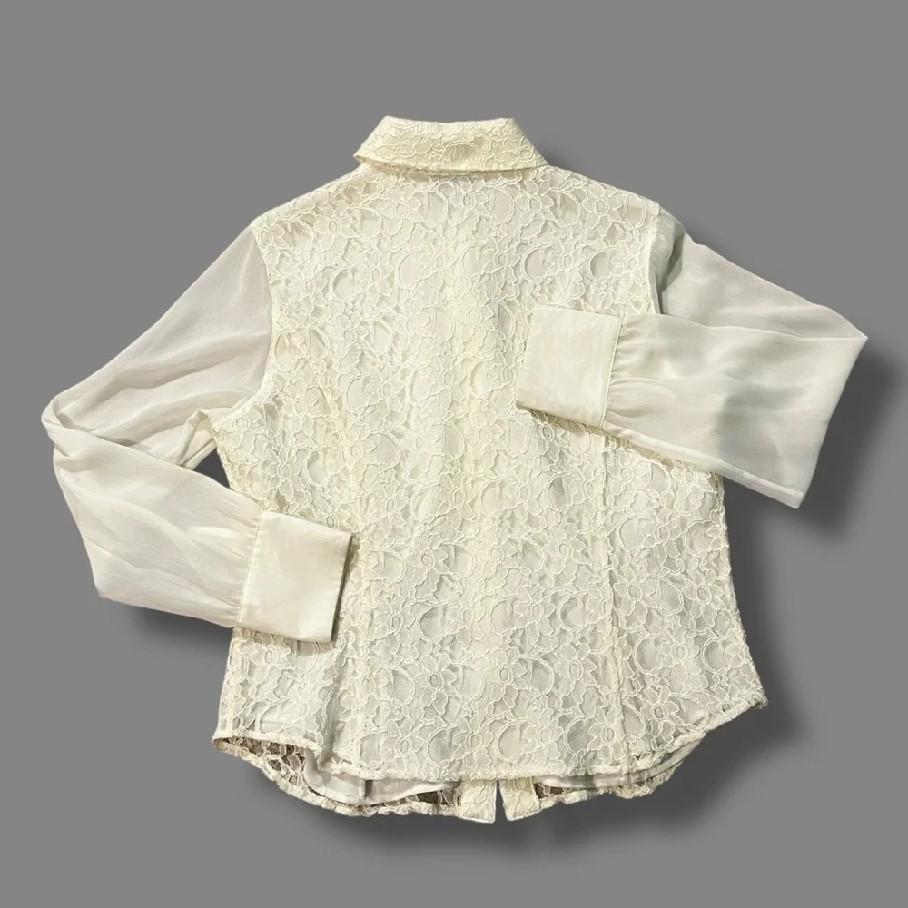 Coldwater Creek Blouse Lace Ruffle Button Up Cream Large 90s/Y2K - Picture 7 of 8